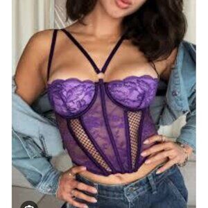Adore Me Purple Lace Corset Bustier 36B Underwire Sheer Mesh Lingerie Top NWT